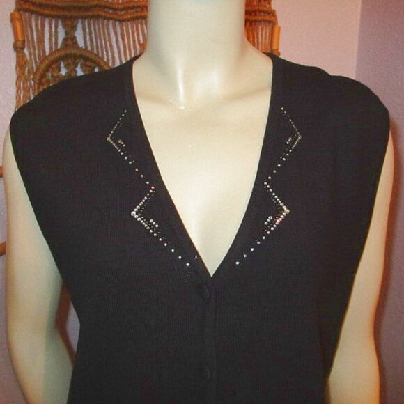 Vtg Christine Alexander Cardigan Sweater Vest Size L Rhinestones Knit Sleeveless - Picture 2 of 12